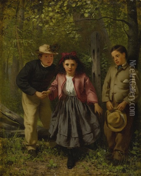 Children In The Forest Oil Painting - John George Brown
