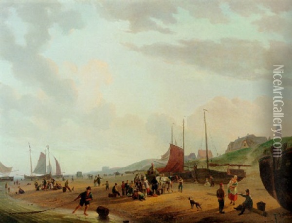 Fisherfolk And Townsfolk On Scheveningen Beach In The Afternoon Oil Painting - Abraham-Johannes Couwenberg