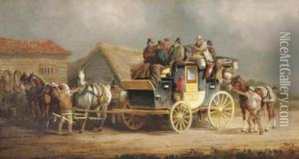 The Worcester To London Coach Changing Horses Oil Painting - Charles Cooper Henderson
