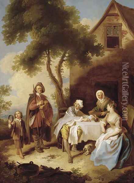 Minstrels performing for a couple at a table outside an inn Oil Painting - Philippe Mercier