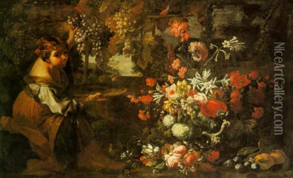 Still Life Of Fruit And Flowers With A Maidservant Gathering Grapes Oil Painting - Abraham Brueghel