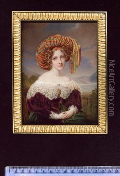 A Young Lady Wearing Purple Dress With Lace Cuffs And Wide Collar  With Gold Bar Brooch, Matching Brooch At Her Corsage, Gold Pendent Earring, Striped Silk Turban In Her Curled Blonde Hair Oil Painting - Jacques Louis Comte