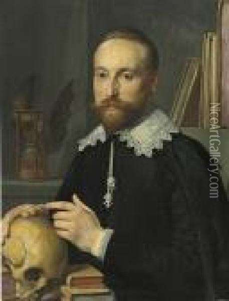 Portrait Of A Gentleman, Half-length, In A Black Coat And Whitelace Collar, With A Skull Oil Painting - Thomas De Keyser