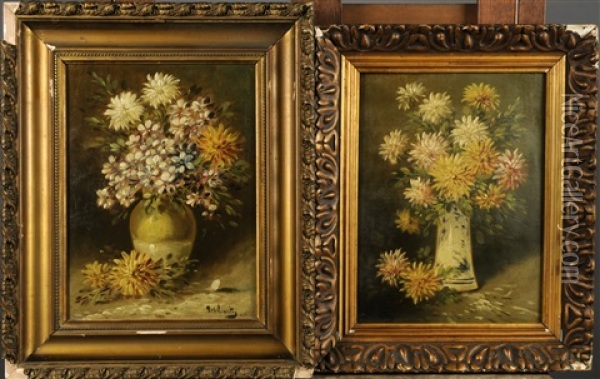 Vase Garni De Fleurs (2 Works) Oil Painting - Paul Schouten