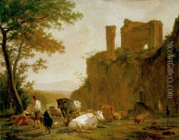 A Pastoral Landscape With A Cowherd And Shepherdess Resting Their Livestock Beside A River By A Ruined Castle On An Outcrop Oil Painting - Johann Rudolf Byss