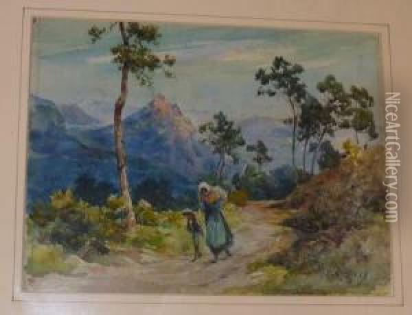 Figures On A Mountain Path Oil Painting - Ernest Louis Lessieux