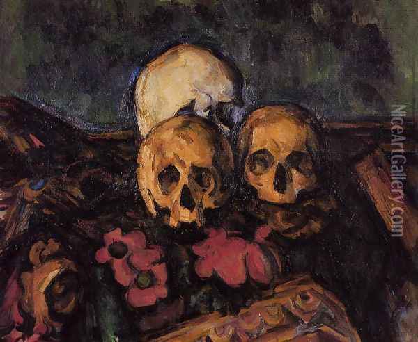 Three Skulls On A Patterned Carpet Oil Painting - Paul Cezanne