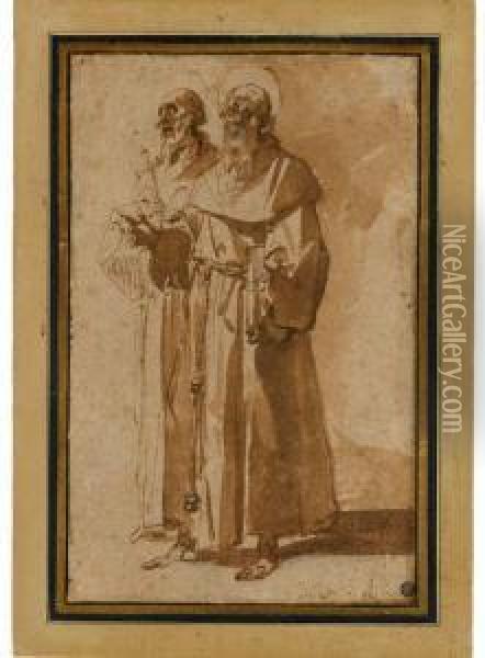 Deux Moines Aureoles, L'un Portant Un Livre, L'autre Une Croix Oil Painting - Giuseppe Cesari