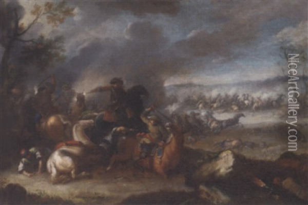 A Cavarly Skirmish With A Battle Beyond Oil Painting - Giovanni Tuccari