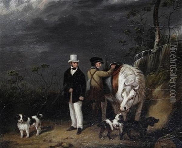 A Sportsman With Gillie, Pony And Spaniels (+ Grouse Shooting; Pair) Oil Painting - Samuel Raven