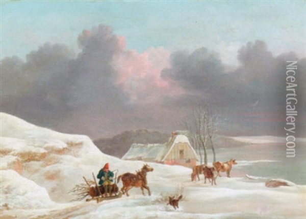 Vinterlandskab Med Slaedekorsel, Braendet Bringes Til Den Strataekte Gard Oil Painting - Christian David Gebauer