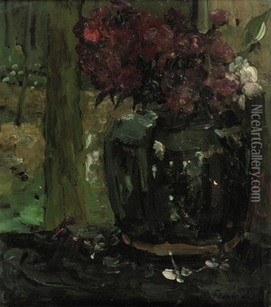 Gemberpot Met Klimroosjes En Floxen: Ginger Jar With Climbing Roses And Phloxes Oil Painting - Floris Hendrik Verster