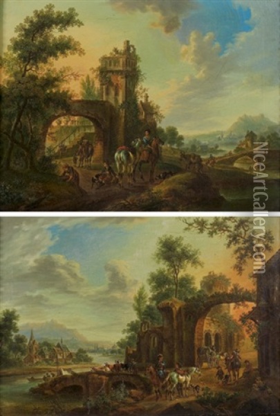 Cavaliers Et Paysans A La Porte D'une Ville (+ Au Bord D'une Riviere; Pair) Oil Painting - Johann Georg Schuez