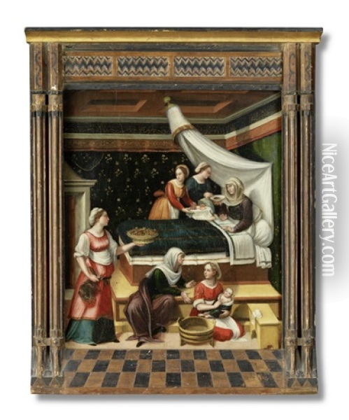 Die Geburt Mariens. Interieur Mit Der Hl. Anna Im Wochenbett Oil Painting - Innocenzo di Pietro (da Imola) Francucci