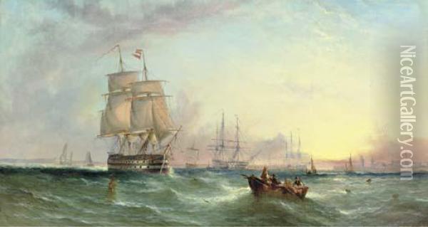 Fishing Boats Off A Dutch Coast; And The Fleet At Anchor Off Aharbor Oil Painting - William Calcott Knell