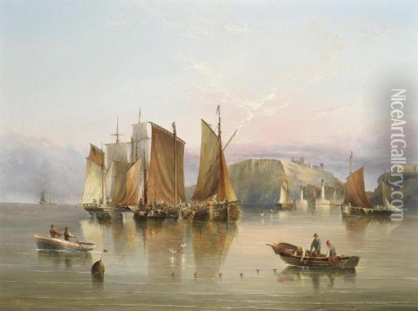 Luggers And Other Commercial Traffic In A Calm Off Whitby Oil Painting - Henry Redmore
