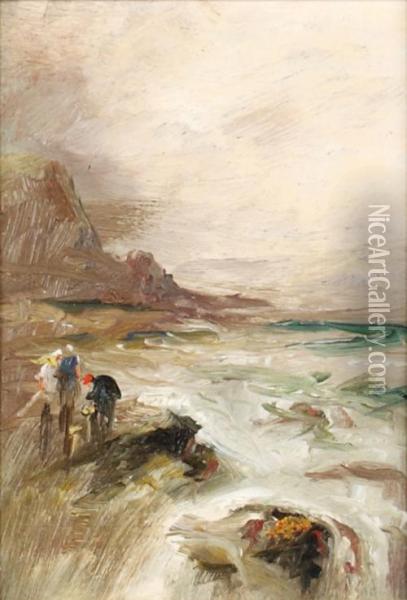 Coastal Landscape With Figures On The Shore Oil Painting - S.L. Kilpack