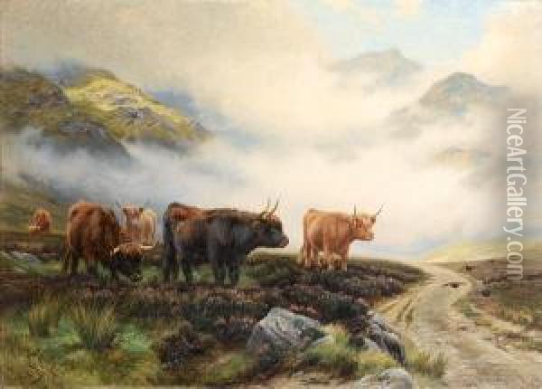 Highland Cattle In A Pass Oil Painting - Wright Barker