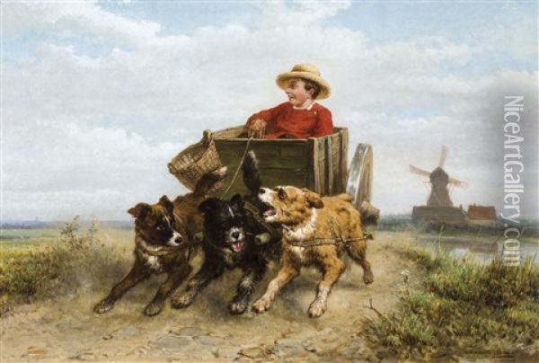 A Boy In His Dog-cart Along The Moor Path Oil Painting - Henriette Ronner-Knip