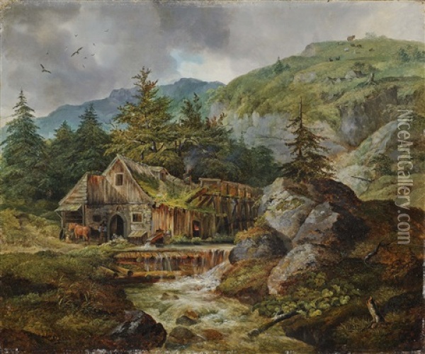 Blacksmiths In The Mountains Oil Painting - Heinrich Buerkel