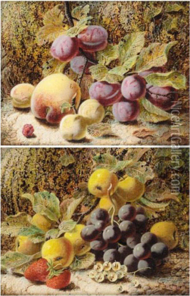 Apples, Grapes And Strawberries; Peach And Plums Oil Painting - Oliver Clare