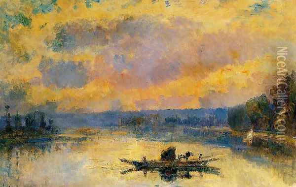 The Ferry at Bouille, Sunset Oil Painting - Albert Lebourg