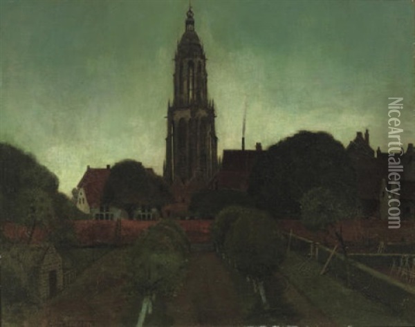 Oude Stadswal En Toren Van Rhenen Bij Avond - A View Of Rhenen Oil Painting - Eduard Karsen