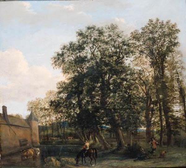 Drivers Watering Cattle Near A Castle, A Falconer Nearby Oil Painting - Joris Abrahamsz Van Der Haagen