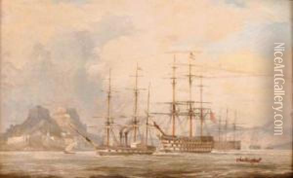 H.m.s. Princess Royal Under Tow By The Paddle Frigate Leopard Offcorfu Oil Painting - Robert Strickland Thomas