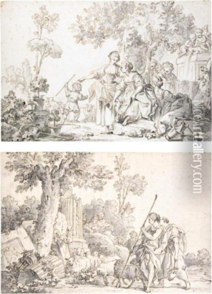A Pair Of Pastoral Scenes: One 
With Ladies By A Fountain, With A Shepherd Boy And His Flock; The Other 
With Shepherds Looking At Classical Ruins Oil Painting - Jean-Baptiste Huet I