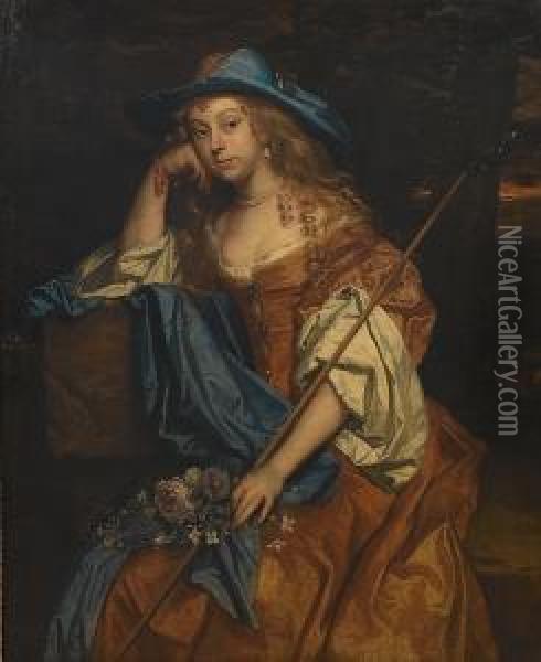 Portrait Of A Lady, 
Three-quarter-length, In A Gold Satin Dress With A Blue Wrap And A Blue 
Hat, Holding A Shepherd's Crook, Seated In A Landscape Oil Painting - Jacob Huysmans