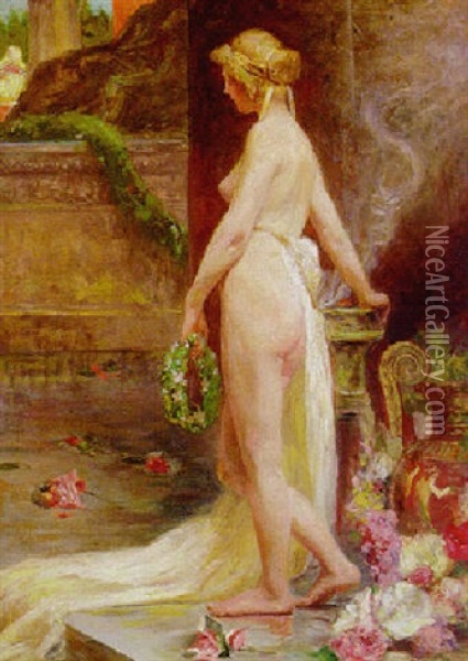 A Female Nude In An Interior Oil Painting - Sigmund Vajda