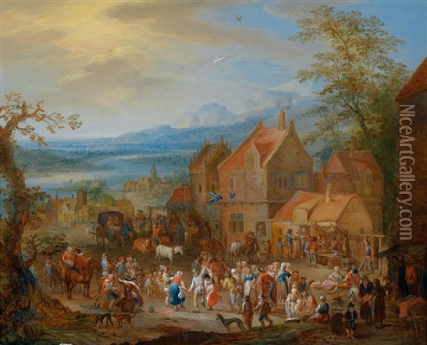 Jahrmarktstreiben Vor Der Kirche (+ Bauerntanz Vor Der Herberge; Pair) Oil Painting - Franz Christoph Janneck
