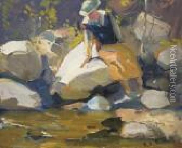 Bertha On The Rocks Oil Painting - Franz Bischoff