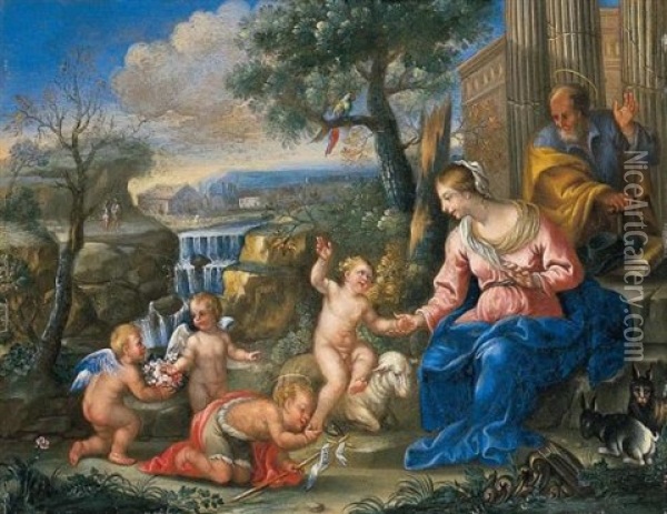 Sacra Famiglia Con San Giovannino E Angioletti Nei Pressi Di Una Cascata Oil Painting - Hendrik van Balen the Elder