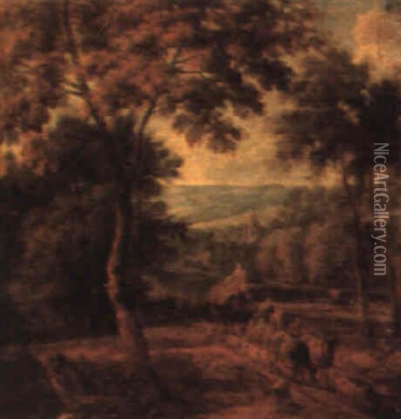 Farmers Driving Their Livestock Through A Wooded Landscape Oil Painting - Adriaen Frans Boudewyns the Elder