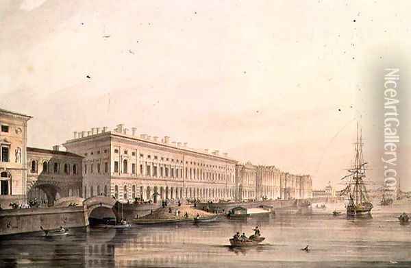 View of Palace Embankment, engraved by Karl Petrovich Beggrov 1799-1875, 1826 Oil Painting - Sabat, K. and Shiflard, S.