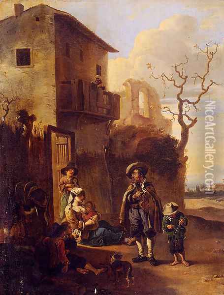 Travelers Resting By A House, With Architectural Ruins Beyond Oil Painting - Anthonie Goubau