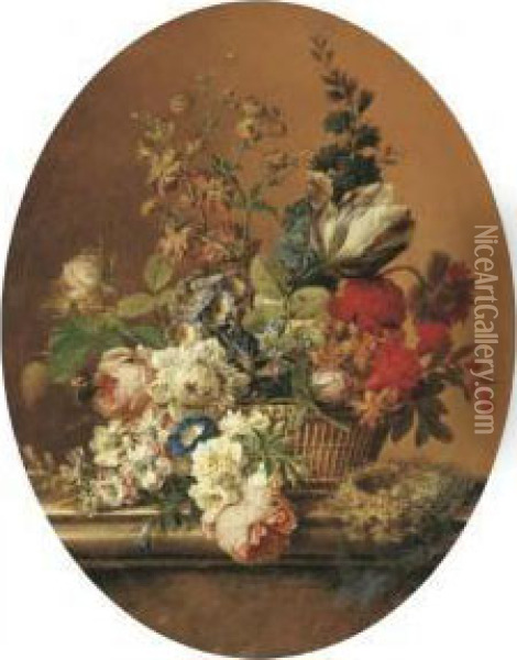 A Tulip, Primroses, 
Forget-me-not, Roses, Delphinium, Buttercup, Poppies, Morning Glory And 
Other Flowers In A Basket With A Dunnock's Nest On A Stone Ledge Oil Painting - Gerard Van Spaendonck