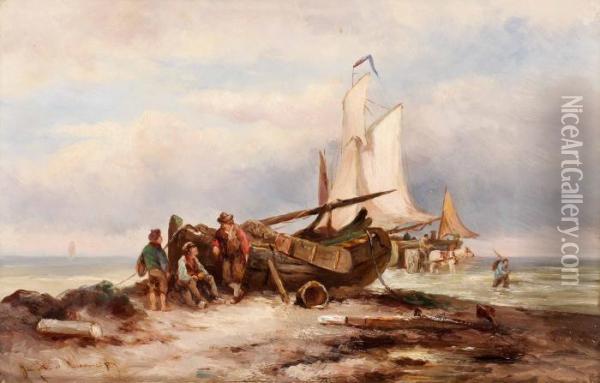 Kustlandskap Med Fiskare Oil Painting - Johannes Hermann Barend Koekkoek