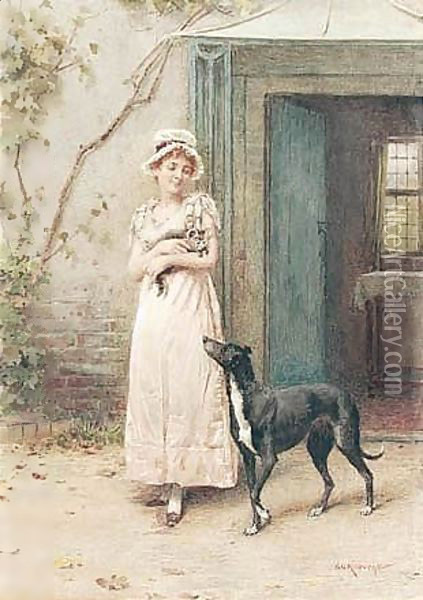 A Young Lady With A Dog And Kitten Standing In A Cottage Doorway Oil Painting - George Goodwin Kilburne