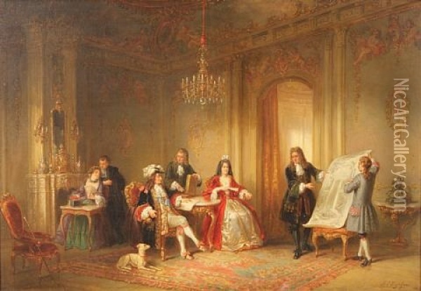 King Louis Xiv And The Plans Of Versailles Oil Painting - Henricus Engelbertus Reijntjens