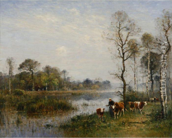 Herd Of Cows And A Farmer Oil Painting - Louis-Aime Japy
