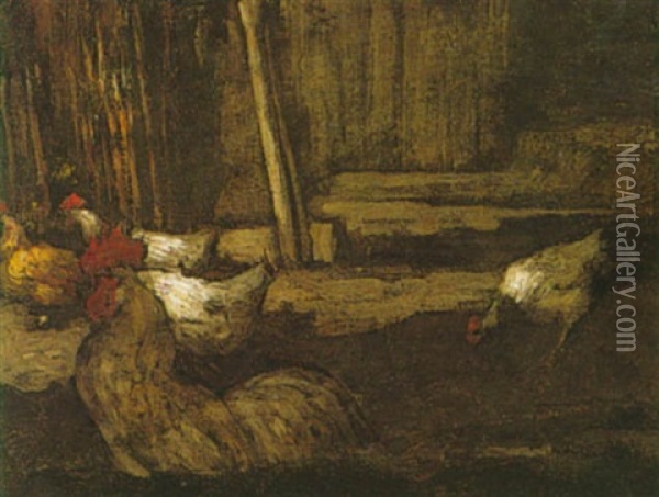 Hens Oil Painting - Horace Mann Livens