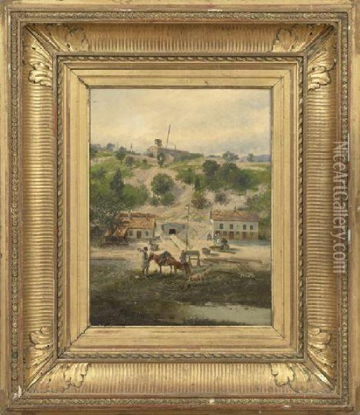 Mediterranean Village With Figures And Livestock Oil Painting - Adolf Kaufmann