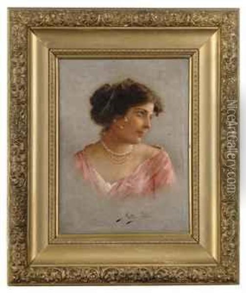 Portrait Of A Lady, Bust-length, In A Pink Dress Oil Painting - Achille Petrocelli