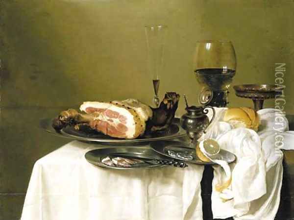 A hock of ham, a knife with slices of ham and a peeled lemon on pewter dishes Oil Painting - Willem Claesz. Heda