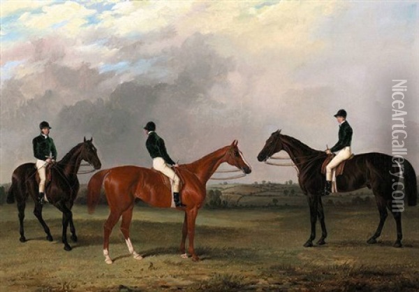 A Chestnut And Two Bay Racehorses Belonging To John Bowes With Jockeys Up Oil Painting - John Dalby