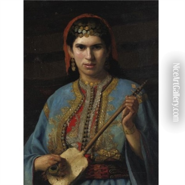 Girl With Mandolin Oil Painting - Henry Leland