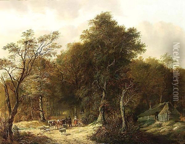 Travellers With Their Herd On A Path In A Forest Oil Painting - Johan Diderik Cornelis Veltens
